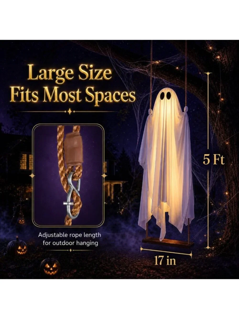 5ft Hanging Ghost Halloween Decoration | Outdoor Swing, Timer Lights, Adjustable